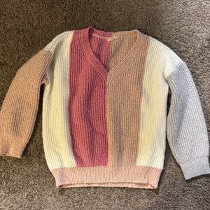 Kori Women's V-Neck Colorblock Sweater - Pink, Cream & Light Gray